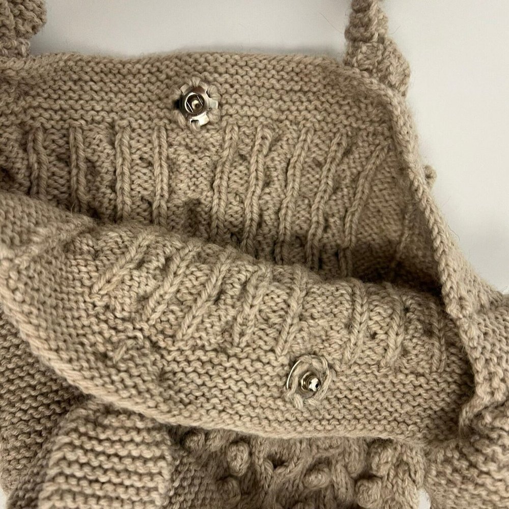 Cable Knit Hand Made Wool Blend Tan Neutral Boho Granny Grandma Tote Bag - Picture 4 of 9